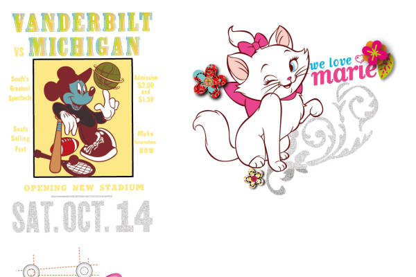 卡通动漫猫咪迪士尼米奇字母印花矢量图服装裁片T恤烫图印花花型素材