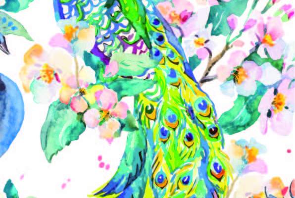水彩花卉飞鸟孔雀印花矢量图服装纺织数码印花花型素材
