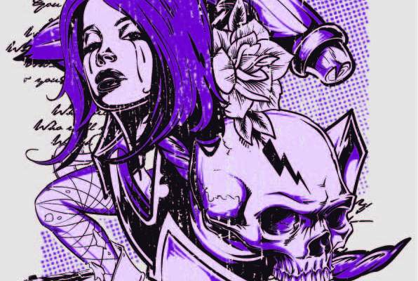 女士人物字母骷髅头印花涂鸦矢量图服装裁片T恤烫图印花花型素材