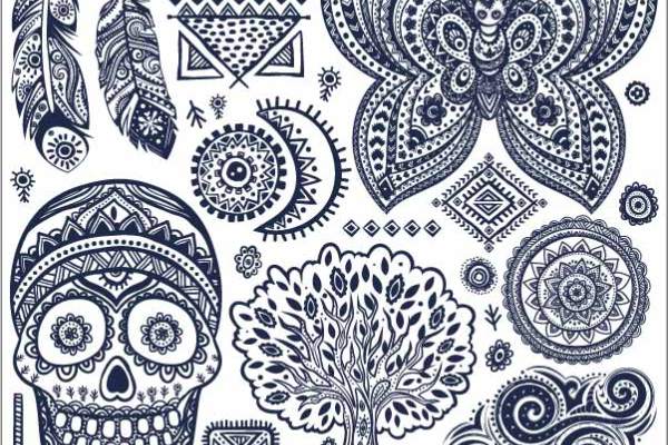民族风几何花纹蝴蝶羽毛骷髅头印花矢量图服装裁片T恤烫图印花花型素材