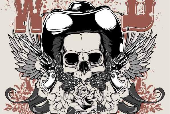 几何条纹手枪翅膀骷髅头印花矢量图服装裁片T恤烫图印花花型素材