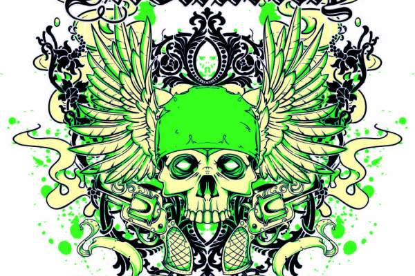 几何条纹翅膀骷髅头印花矢量图服装裁片T恤烫图印花花型素材