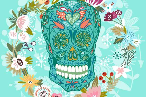 植物花卉骷髅头花纹印花矢量图服装裁片T恤烫图印花花型素材