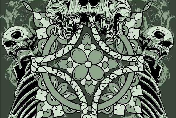 骷髅头几何花纹字母印花矢量图服装裁片T恤烫图印花花型素材