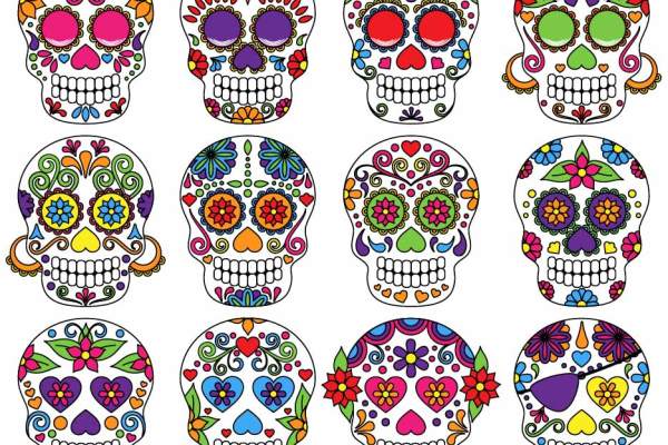 骷髅头植物花纹印花矢量图服装裁片T恤烫图印花花型素材