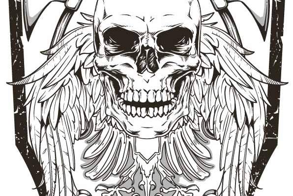 盾牌骷髅头翅膀斧子印花矢量图服装裁片T恤烫图印花花型素材