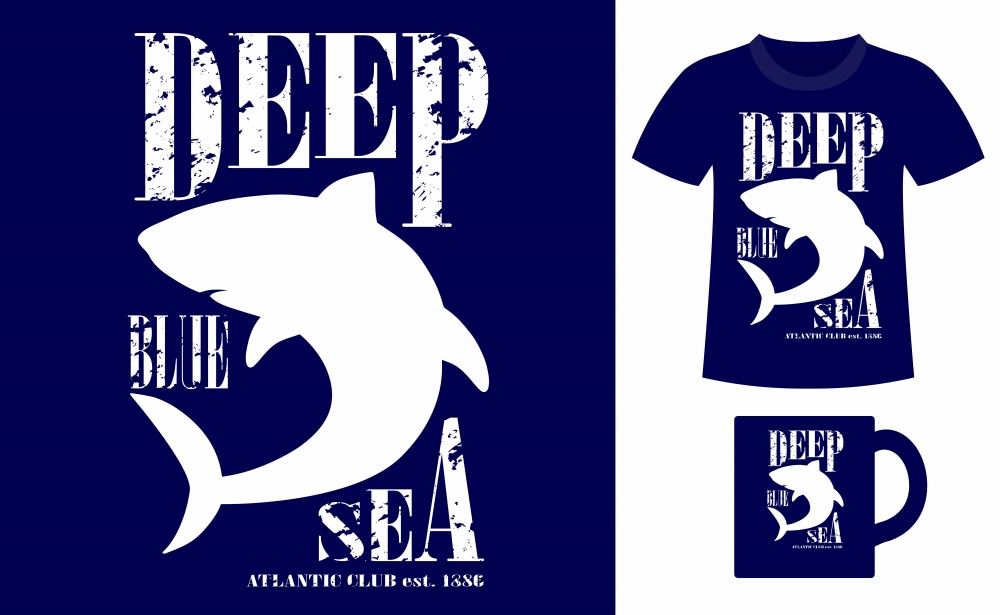 动物鲨鱼字母印花矢量图服装裁片T恤烫图印花花型素材