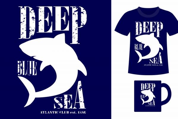 动物鲨鱼字母印花矢量图服装裁片T恤烫图印花花型素材