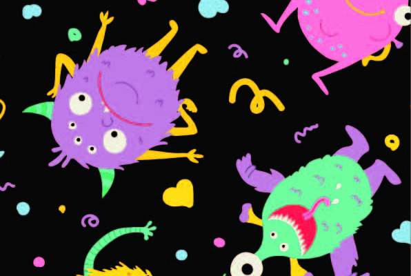 卡通小怪兽图案拼接印花矢量图服装纺织数码印花花型素材