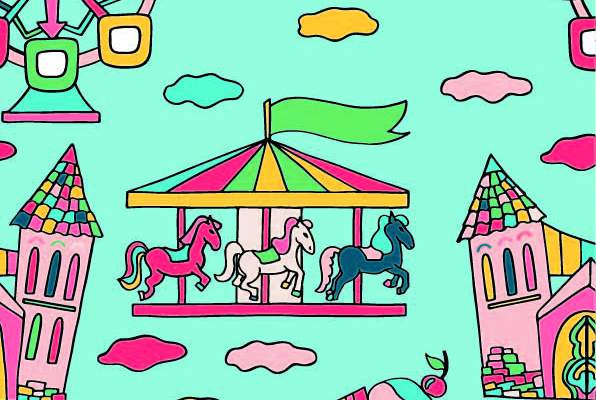 卡通旋转木马冰淇淋车印花矢量图服装纺织数码印花花型素材