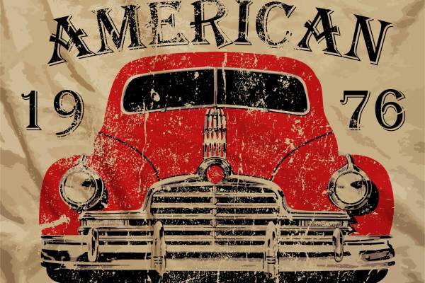 复古汽车字母印花矢量图服装裁片T恤烫图印花花型素材