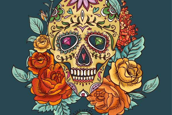 植物牡丹花花纹骷髅头印花矢量图服装裁片T恤烫图印花花型素材