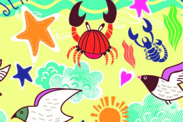 动物卡通螃蟹飞鸟印花矢量图服装纺织数码印花花型素材