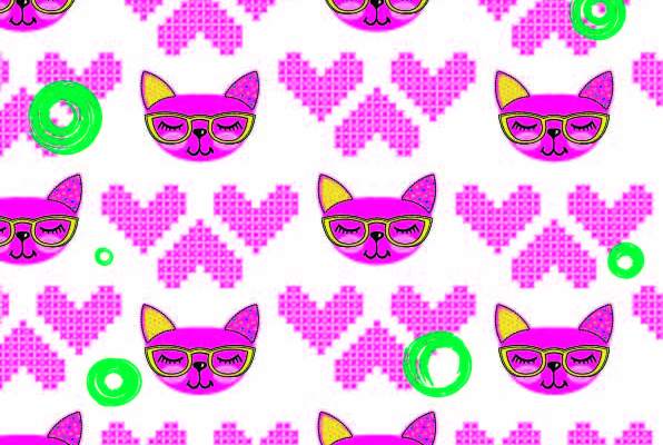 动物猫咪几何心形印花矢量图服装纺织数码印花花型素材