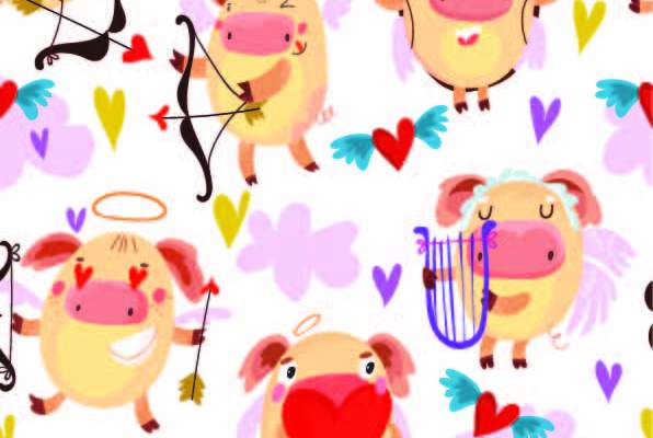 卡通动物飞猪爱心印花矢量图服装纺织数码印花花型素材