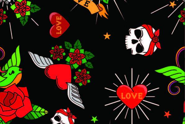 骷髅头牡丹花字母印花矢量图服装纺织数码印花花型素材