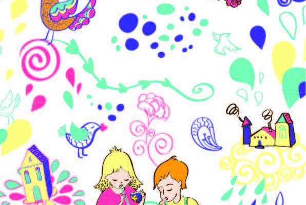 卡通人物图案飞鸟印花矢量图服装纺织数码印花花型素材