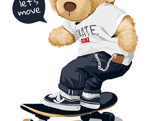 潮牌卡通熊滑板字母印花矢量图服装裁片T恤烫图印花花型素材