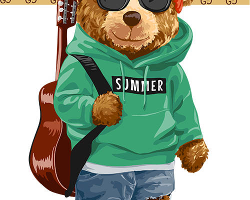 潮牌卡通熊字母吉他印花矢量图服装裁片T恤烫图印花花型素材