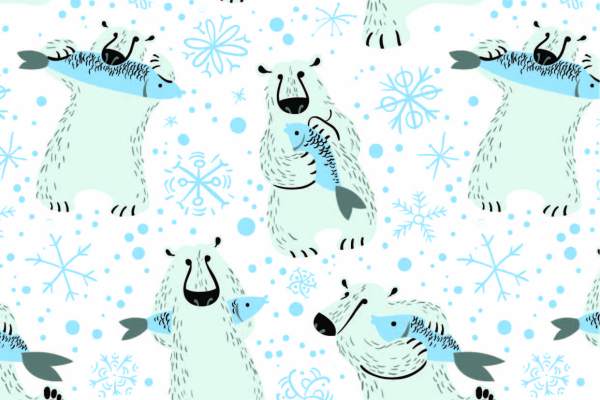 卡通动物北极熊鱼印花矢量图服装纺织数码印花花型素材