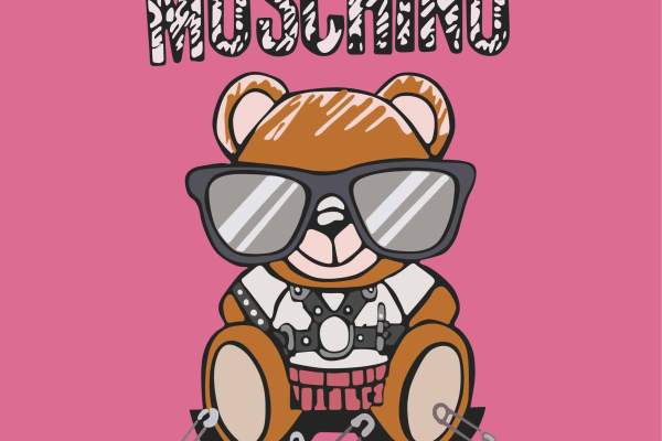 卡通熊墨镜别针潮牌字母MOSCHINO印花矢量图服装裁片T恤烫图印花花型素材