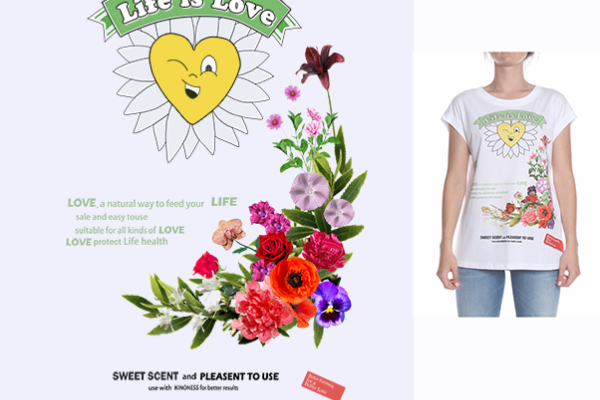 植物花朵爱心邹菊字母印花矢量图服装裁片T恤烫图印花花型素材