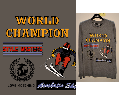 卡通图案滑雪人物字母MOSCHINO印花矢量图服装裁片T恤烫图印花花型素材