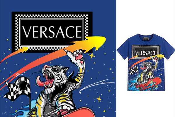 卡通动物老虎滑板字母VERSACE范思哲潮牌印花矢量图服装裁片T恤烫图印花花型素材