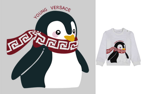卡通企鹅字母VERSACE潮牌范思哲印花矢量图服装裁片T恤烫图印花花型素材