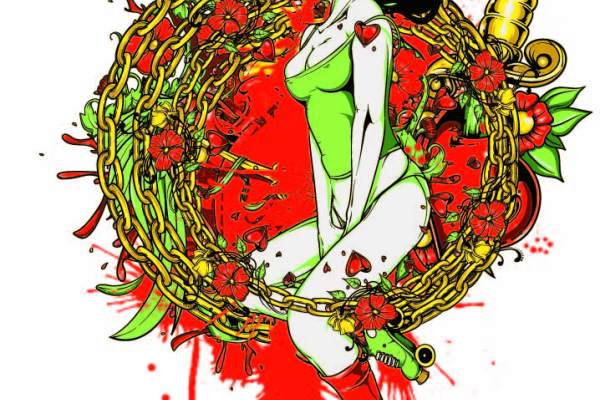 色彩涂鸦链条女士人物字母印花矢量图服装裁片T恤烫图印花花型素材