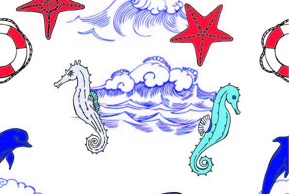 卡通动物海豚海马海星海浪拼接印花矢量图服装纺织数码印花花型素材