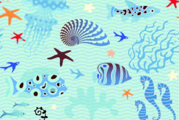 卡通动物鲸鱼海马水母几何波浪线条印花矢量图服装纺织数码印花花型素材