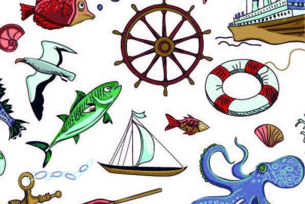 海洋风动物鱼轮船印花矢量图服装纺织数码印花花型素材