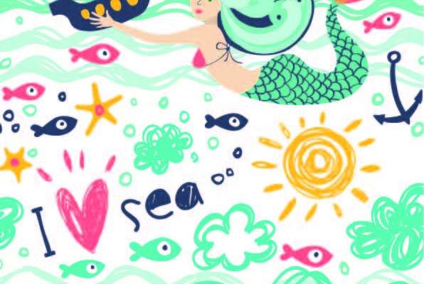 卡通图案海洋风美人鱼爱心印花矢量图服装纺织数码印花花型素材