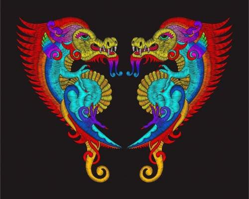 几何图案飞龙印花矢量图服装裁片T恤烫图印花花型素材