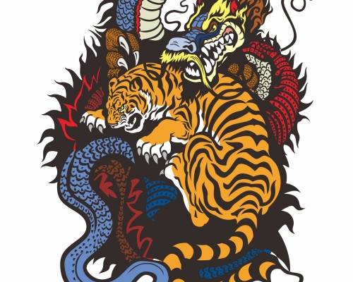 几何图案飞龙老虎印花矢量图服装裁片T恤烫图印花花型素材