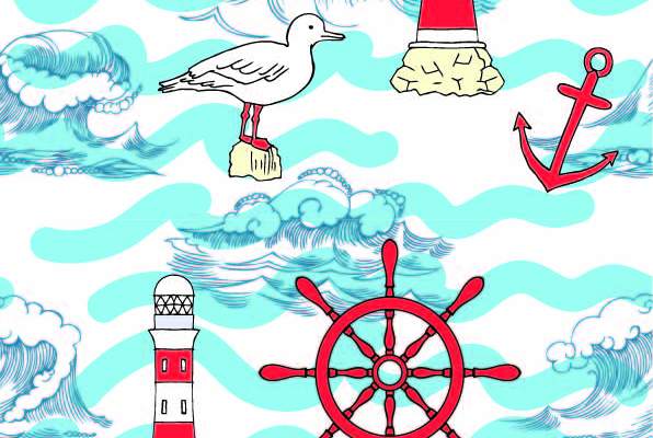 卡通海洋风海浪灯塔印花矢量图服装纺织数码印花花型素材