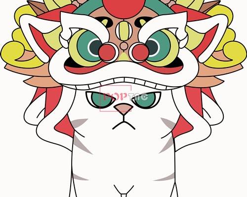 卡通动物猫咪舞狮印花矢量图服装裁片T恤烫图印花花型素材