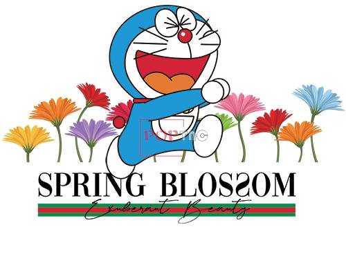 卡通动漫哆啦A梦植物花朵小邹菊字母印花矢量图服装裁片T恤烫图印花花型素材