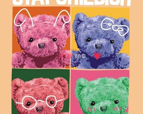 卡通动物小熊字母潮牌印花图案服装裁片T恤卫衣烫图印花花型素材