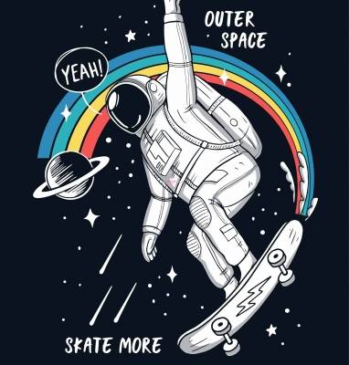 滑板太空人字母彩虹印花图案服装裁片T恤卫衣烫图印花花型素材