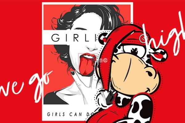 卡通女士人物字母牛印花图案服装裁片T恤卫衣烫图印花花型素材