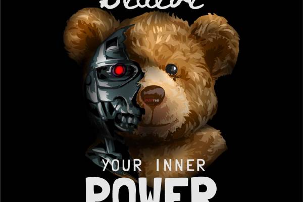 潮牌卡通机器熊字母印花图案服装裁片T恤卫衣烫图印花花型素材