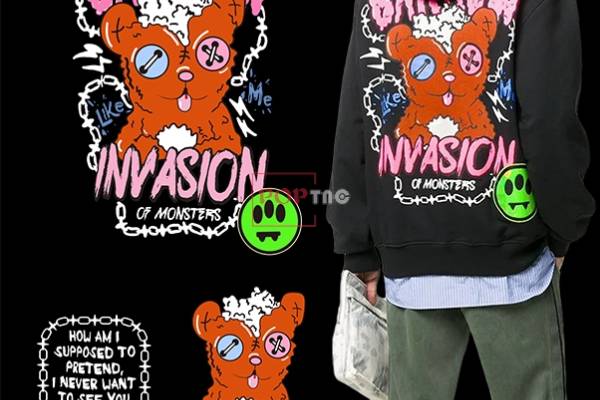 卡通动物潮牌熊字母印花图案服装裁片T恤卫衣烫图印花花型素材