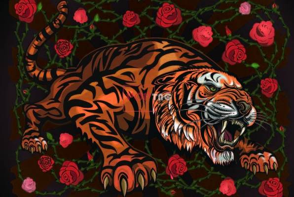 植物玫瑰花朵老虎印花图案服装裁片T恤卫衣烫图印花花型素材