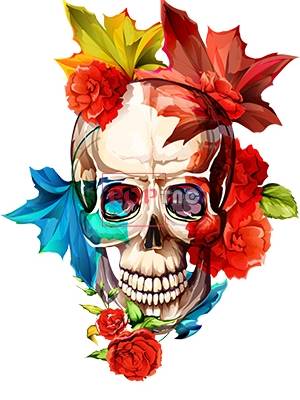 骷髅头植物花朵印花图案服装裁片T恤卫衣烫图印花花型素材