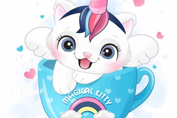 卡通动物猫咪独角兽印花图案服装裁片T恤卫衣烫图印花花型素材