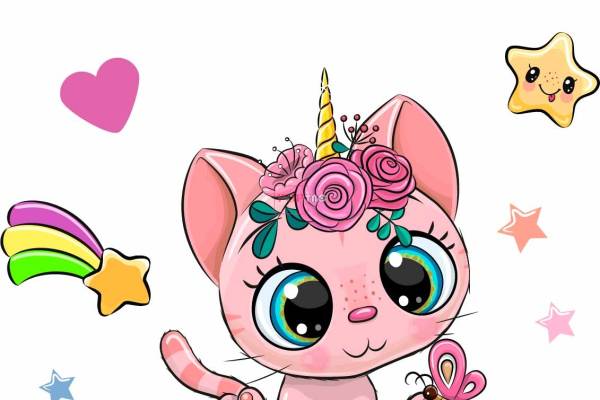 卡通动物猫咪独角兽印花图案服装裁片T恤卫衣烫图印花花型素材