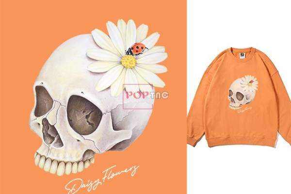 骷髅头植物小邹菊印花图案服装裁片T恤卫衣烫图印花花型素材