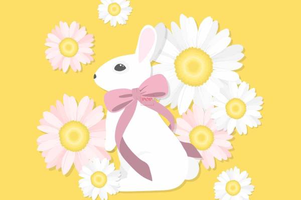 卡通动物兔子蝴蝶结植物小邹菊印花图案服装裁片T恤卫衣烫图印花花型素材